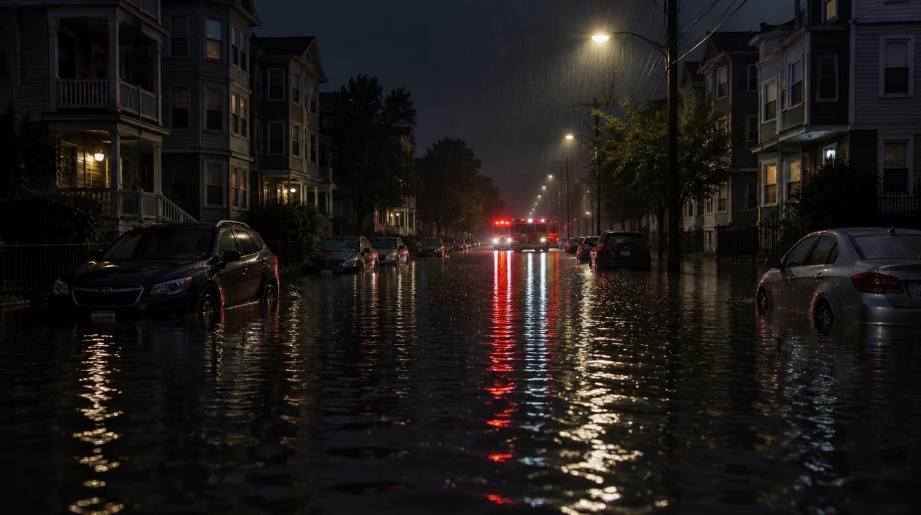 A flooded street of triple-deckers at night, a fire engine's lights reflecting on the water